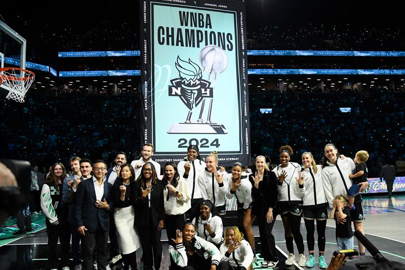 BROOKLYN, NY - MAY 17: The New York Liberty 2025 championship banner gets raised before the game against the Las Vegas Aces during a WNBA game on May 17, 2025 at Barclays Center Arena in Brooklyn, New York. NOTE TO USER: User expressly acknowledges and agrees that, by downloading and or using this photograph, User is consenting to the terms and conditions of the Getty Images License Agreement. Mandatory Copyright Notice: Copyright 2025 NBAE (Photo by Brian Babineau /NBAE via Getty Images)