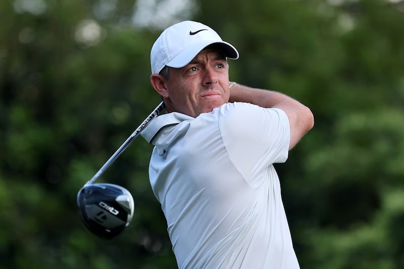 AUGUSTA, GEORGIA - APRIL 12: Rory McIlroy of Northern Ireland plays his shot from the 15th tee during the third round of the 2025 Masters Tournament at Augusta National Golf Club on April 12, 2025 in Augusta, Georgia. (Photo by Michael Reaves/Getty Images)
