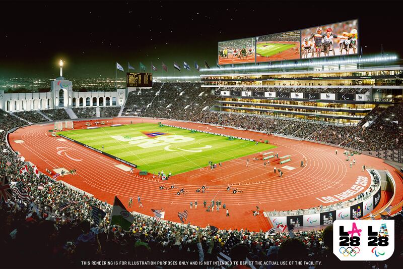 A rendering of LA Memorial Coliseum, which in LA28's Paralympics venue plan would host athletics.