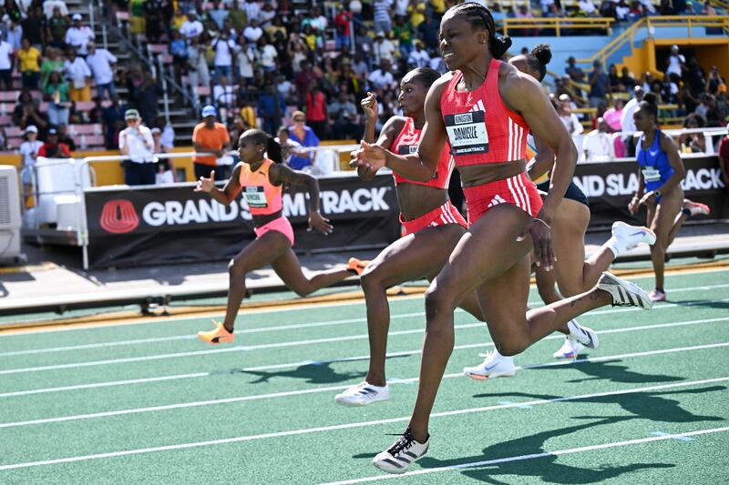 Jamaica's Danielle Williams races to win the Women's 100 meter race during the Grand Slam Track meet at the National Stadium, Kingston, Jamaica on April 6,2025. (Photo by Ricardo Makyn / AFP) (Photo by RICARDO MAKYN/AFP via Getty Images)